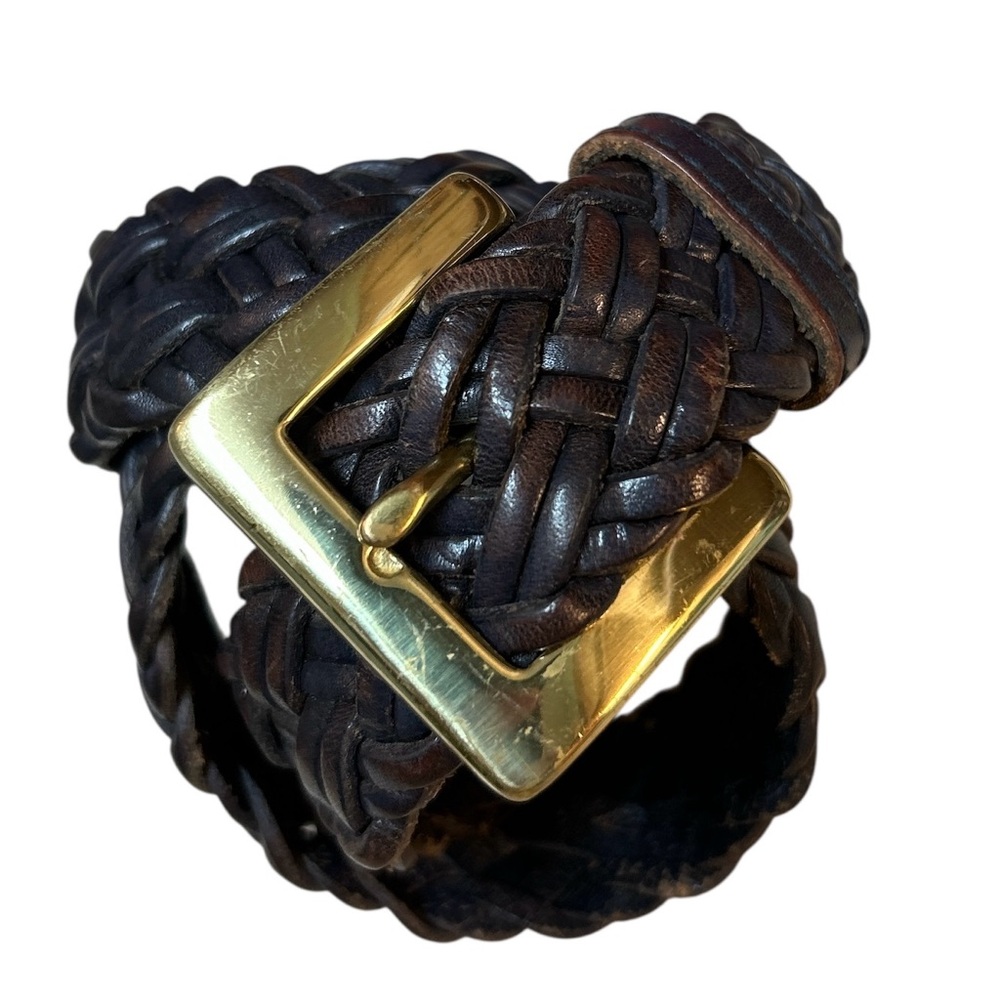 Vintage Talbots Belt Dark Navy Blue Leather Woven Braided Solid Brass Buckle S